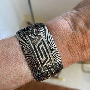 Vintage Native American Navajo Silver Storyteller Cuff by Garrison Boyd